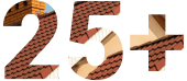 A graphic featuring the number "25+" in a large, bold font. The numbers are filled with a photographic texture of a terracotta tile roof and a brick chimney, symbolizing over 25 years of experience in the building or roofing industry.