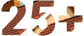 A graphic featuring the number "25+" in a large, bold font. The numbers are filled with a photographic texture of a terracotta tile roof and a brick chimney, symbolizing over 25 years of experience in the building or roofing industry.