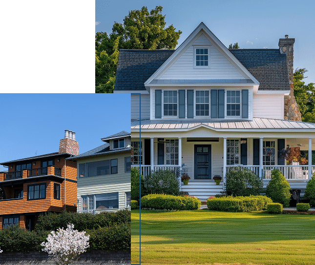 A collage of beautiful residential homes. The main image features a classic white two-story farmhouse with a grey roof, blue shutters, a large covered front porch, and a manicured green lawn. An inset image on the left shows two modern homes with stone and wood siding, highlighting different architectural styles under a clear blue sky.