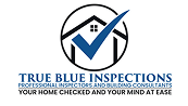 The logo for True Blue Inspections, which includes a circular emblem containing a black house outline and a large blue checkmark. Below the emblem is the company name in bold blue text, followed by the descriptors "PROFESSIONAL INSPECTORS AND BUILDING CONSULTANTS" and the tagline "YOUR HOME CHECKED AND YOUR MIND AT EASE" in black.