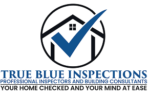 The official logo for True Blue Inspections. It features a circular emblem containing a stylized house outline with a bold blue checkmark. Below the emblem, the text reads "TRUE BLUE INSPECTIONS," "PROFESSIONAL INSPECTORS AND BUILDING CONSULTANTS," and the tagline "YOUR HOME CHECKED AND YOUR MIND AT EASE."