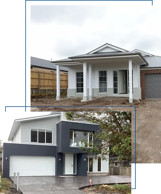 A collage of two modern residential homes under a cloudy sky. The top image shows a single-story white house with a grey roof and front porch pillars on a dirt lot. The bottom image features a two-story contemporary home with a dark grey and white facade, a white garage door, and a paved driveway.