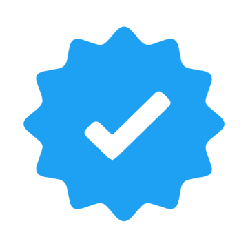 A bright blue verified badge icon. The icon features a white checkmark centered inside a blue serrated circle (starburst shape), commonly used on social media platforms to indicate an authentic or verified account.