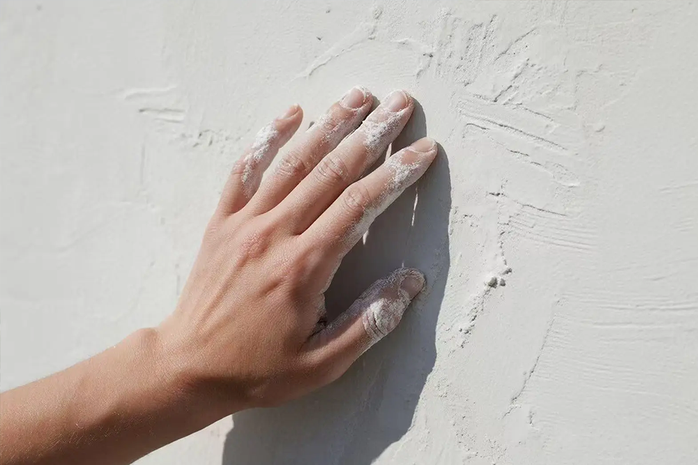 A close-up of a high-quality masonry job, showing several rows of red clay bricks perfectly aligned with clean, grey mortar joints. A gloved hand is visible at the top, emphasizing the manual craftsmanship of the brickwork.