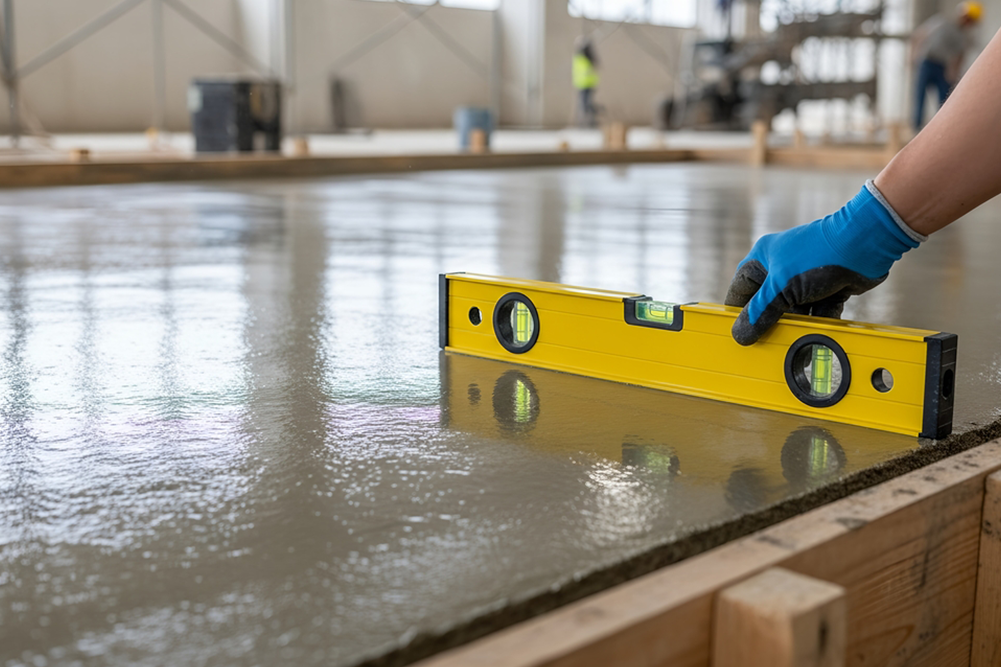 A close-up of a construction worker’s hand in a blue glove using a yellow spirit level on a freshly poured, wet concrete slab to ensure a perfectly flat and even finish.